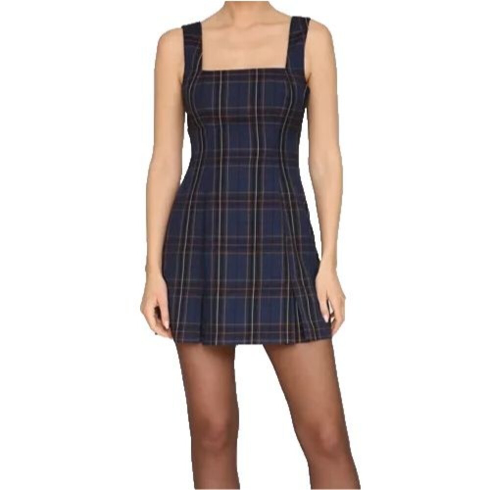 Avec Les Filles Blue Plaid Mini Dress Size 12 Square Neck Sleeveless Pleated NEW